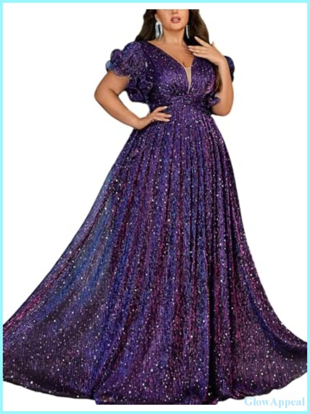 Plus Size A-Line V-Neck Ruffle Short Sleeve Sequin Bridesmaid Prom Maxi Dress